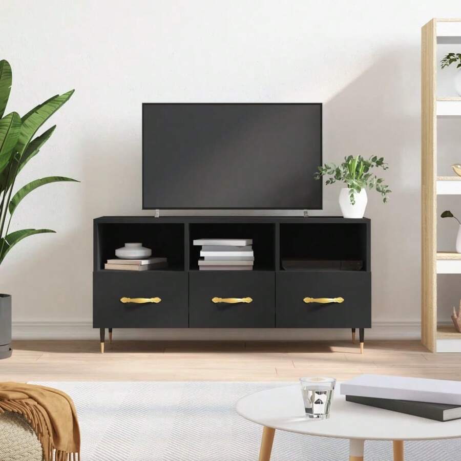 Larryhot Mueble de TV madera de ingeniería negro 102x36x50 cm, Robusto y duradero, fácil de montar, una opción ideal para la decoración del hogar - Negro - Ver 1