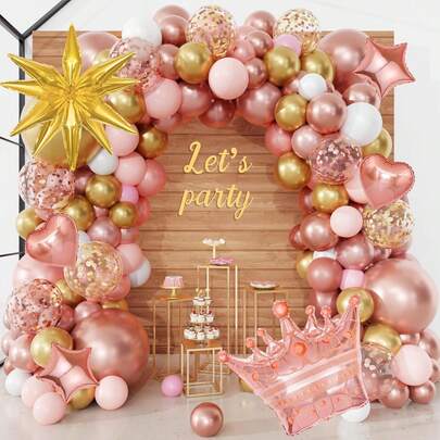 136pcs Rose Gold Balloon Arch & Garland Set, Pink & Gold Glitter Balloons With Star & Heart Patterns, Suitable For Women/Girls Birthday, Wedding, Bridal Shower, Baby Shower, Mother's Day Party Decor