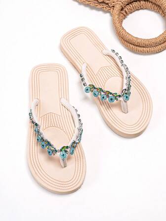 波西米亚风奢华水晶可拆卸天蓝色土耳其邪眼装饰链条草编设计平底时尚休闲人字拖，轻便舒适，适合夏季海滩、度假、旅行……尺码齐全（36-42），压纹舒缓鞋面女士沙滩凉鞋