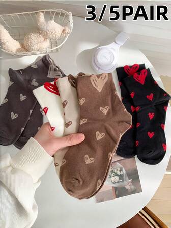 3/5 par korta strumpor med kamelfärgat hjärtmönster för kvinnor, mångsidiga europeiska och amerikanska stilar