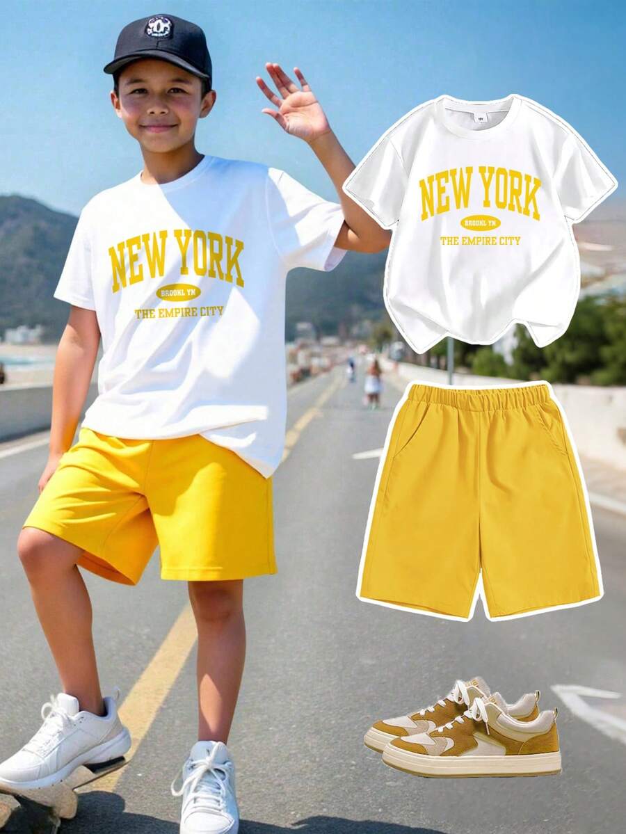 2pcs/Set Boys' Casual College Style Letter Graphic Round Neck T-Shirt And Shorts Set, Suitable For Commuting, School, Daily Casual, Sportswear, Spring/Summer, Yellow Shorts Set For Boys - Yellow - View 1