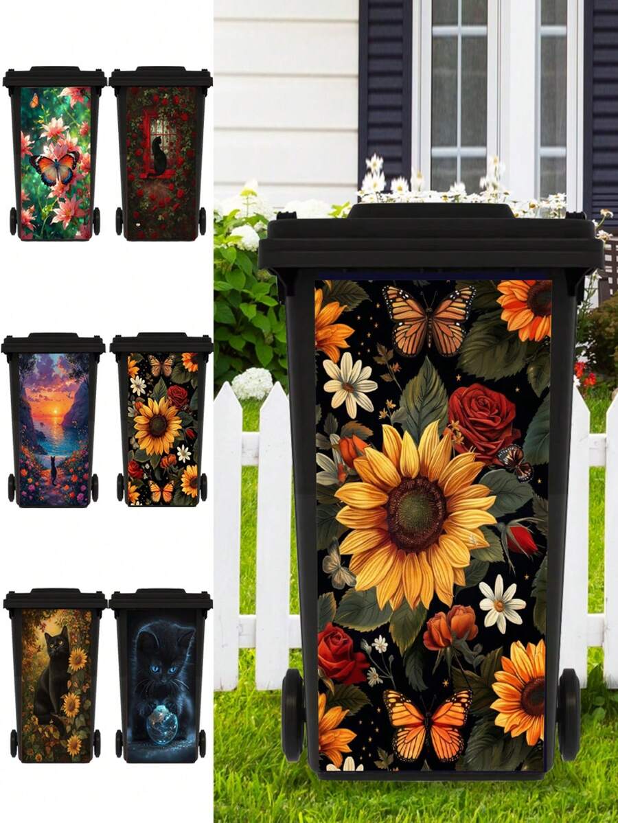 Pegatinas impermeables de PVC para botes de basura con impresión 3D de girasol, rosa y gatito, en 4 tamaños diferentes - Multicolor - Ver 1