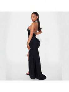 New Women's Clothing Style Elegant Hanging Neck Sleeveless High Waisted Slit Jumpsuit Long Skirt Party Evening Dress For Women - 黑色 - 查看 2