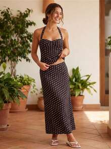 Women Long Skirt Outfit Dot Print Halter Neck Tank Tops And Low Rise Fishtail Skirt 2 Piece Set - 黑色 - 查看 3