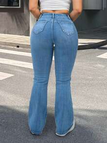 Women's Denim Jeans, Plus Size Denim Jeans, High Waist Denim Jeans, Lifting Waist Denim Jeans, Blue Stretch Denim Jeans, Casual Minimalist Style, Slim Fit Denim Jeans, Flare Leg Denim Jeans, Spring, Summer - Blue - View 6