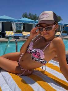 Conjunto de bikini estilo bohemio, traje de baño de dos piezas con relleno, espalda retorcida y ribete de volantes para vacaciones en la playa, rosa de verano - Rosa - Ver 8