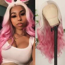 13X4 Free Part Ombre Pink Body Wave Synthetic Lace Front Wigs For Women 28 Inch Long Wavy Hair Wigs Glueless Soft Pink Ombre Colored Wigs Heat Resistant Christmas Wig Natural Long Wave Lace Front Wigs For Daily Party Cosplay Use - 漸層粉紅色 - 查看 1