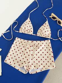 Women's Summer Beach Beige 2-Piece Bikini Set, Polka Dot Print Camisole Top And Square Bottoms, Sexy And Charming Swimwear, Suitable For Women, Vacation, Pool Party, Fashion Swimsuit - Beige - View 6