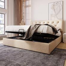 (=777898AAN) Hydraulically Adjustable Upholstered Bed 140x200cm, Adjustable Headboard, Double Bed With Metal Frame Slatted Base, Modern Bed Frame With Storage Space, Natural, Mattress Included