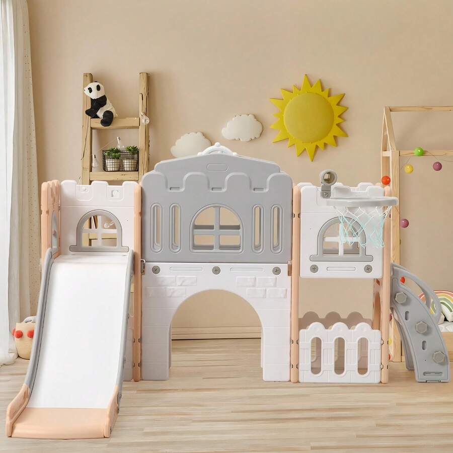 Tobogán 8 en 1 con aro de baloncesto, telescopio, volante, túnel, pelota y espacio de almacenamiento. Ideal para patio, interior y exterior. - Rosa - Ver 1