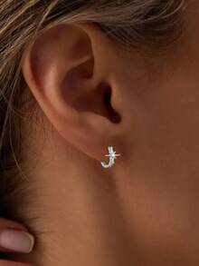 1 đôi bông tai bạc Sterling S925 kiểu tối giản đính sao và kim cương, dành cho nữ. - bông tai đơn - Xem 3