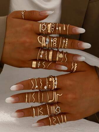 66/58/52/47pcs Women's Vintage Fashion Elegant Leaf, Eye, Moon, Cross, Faux Pearl, Floral Ring Set, Ideal Gift For Holiday Party, Daily Wear, Christmas, Valentine's Day, New Year, High Cost-Effective Jewelry