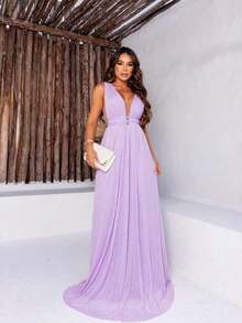 Vestido de Festa em Tule / Decote / Abertura nas Laterais / Longo para Formatura, Madrinha e Convidadas - Lavanda - Visão 3