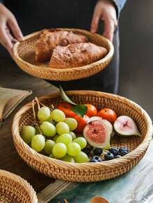 1 pieza Bandeja de cesta de frutas redonda de ratán tejida a mano, bandeja de servir de frutas y aperitivos de estilo japonés, cesta de almacenamiento de ratán, bandeja con asa de madera, plato para pan, frutas, pasteles y alimentos, bandeja para el hogar - Marrón - Ver 6