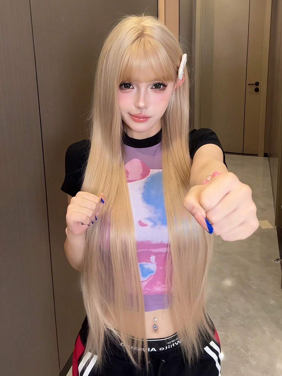 28 Inch Golden Brown Long Layered Straight Wigs For Women - Elegant Wig With Bangs, Natural Looking Fluffy Very Soft Synthetic Heat Resistant Fiber Full Machine Hair Wig For Girls Daily, Music Festival Party, Cosplay Anime Use, Gift For Friend, Halloween - Gold - View 1
