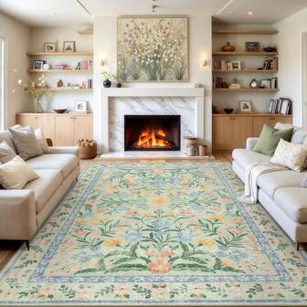 1pc Spring Floral & Leaf Design Shag Rug, Suitable For Living Room, Bedroom, Dining Room And Other Areas, Large Carpet