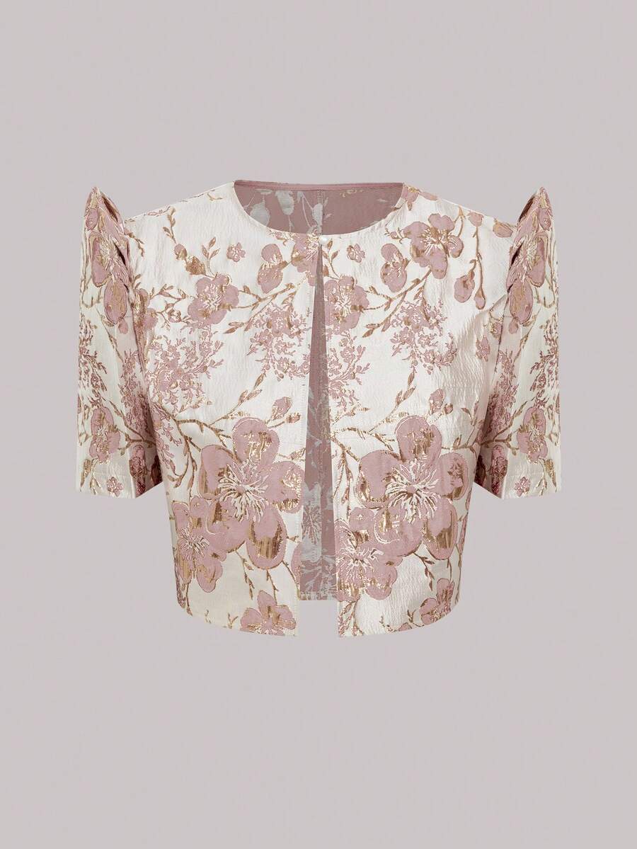 女士时尚提花泡泡袖短外套 婚礼粉色 - 粉色 - 查看 1