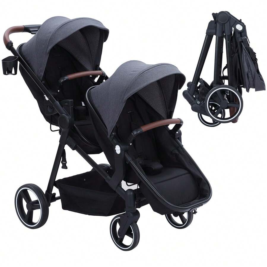 Huisuilinss Infant Double Stroller Track,Tandem Stroller,Toddler Foldable Pushchair Bassinet,Pram Twin Stroller With Multi-Position Reversible & Adjustable Backrest,Large Storage Basket And Canopy - Gris oscuro - Ver 1