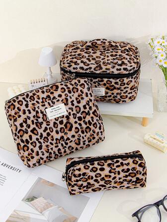 1pc/Set Large Capacity Leopard Print Travel Toiletry Bag, Vintage Quilted Cosmetic Bag, Portable Makeup Bag, Fashion Girl Travel Makeup Bag, Makeup Pouch, Makeup Brush Bag, Pencil Case, Multi-Functional Storage Bag For Lipstick, Sanitary Napkin, Coins, Keys, Hair Clips, Hair Ties, Etc.