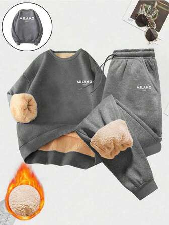 Herren Einfarbiges Lässig Alltagsset aus Sherpa-gefüttertem Langarm-Sweatshirt mit Aufdruck und Hose, Winter