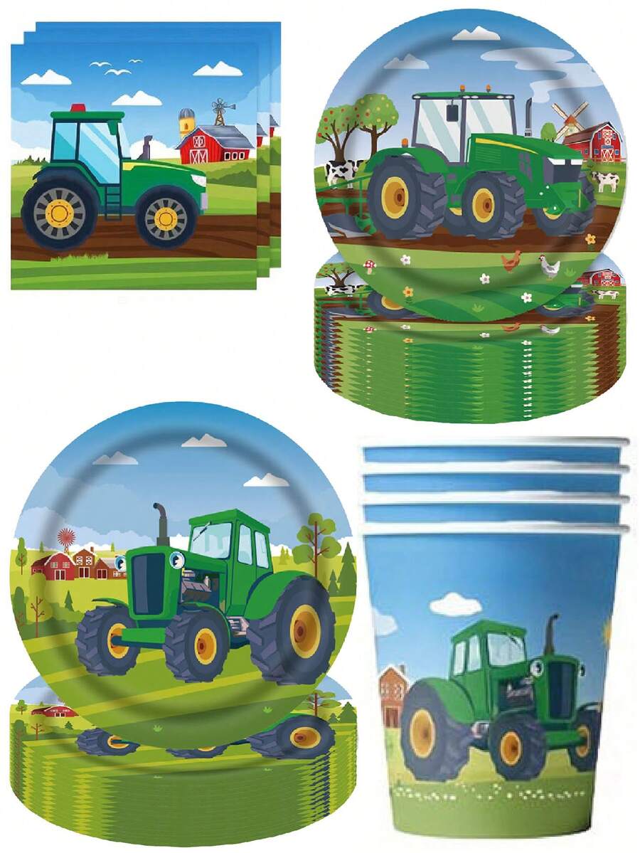 10pcs Tractor Theme Party Tableware Set, Disposable Tableware Set, Table Decor, Birthday Decoration, Picnic Supplies, Scene Decoration, Party Atmosphere Props, Holiday Supplies, Party Decoration Supplies - Multicolor - View 1