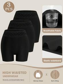 MIOTAN 3pcs Women's Mid Waist Boxer Briefs, Elastic & Soft, Breathable, Seamless & Elegant Full Coverage, Anti-Lighting, Anti-Roll Edge - Black - View 6