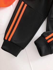 Young Boy Letter Print Warm Crew Neck Sweatshirt And Contrast Waistband Pants Set