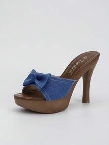 Giày sandal cao gót hở mũi thoải mái, dễ mang dành cho nữ, trang trí nơ đa năng. - Màu xanh lam - Xem 7