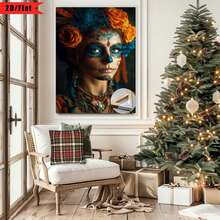 Con marco [2D plano] 1 pieza Impresión 2D plano| Una mujer con pintura del Día de los Muertos, vestida con flores de colores.| Arte de pared en lienzo, marco de madera,étodo de instalación con gancho, adecuado para decoración del hogar, habitación, sala de estar, dormitorio, baño, opción para regalos de Acción de Gracias y Halloween, se puede colgar directamente, no requiere instalación. - Multicolor - Ver 3