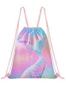 Mermaid Printed Polyester Drawstring Backpack, Adjustable Straps, Casual Bundle Pocket, Sport Gym Training Storage Bag, Shoes&Bag .Neutral Style, Mixed Color - one-size - View 14