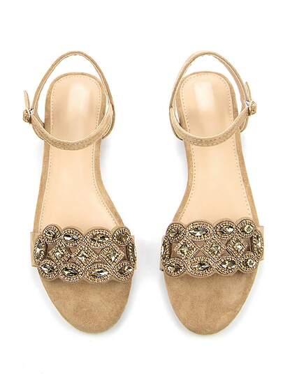 Women's Glamorous Fully Rhinestoned 3D Crystal Chain Geometric Hollow Decor Apricot Faux Suede Fabric Fashion Comfortable Round Toe Backless Buckle Ankle Strap Flat Sandals, Suitable For Daily Wear And Party