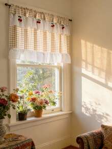 1pc Elegant Farmhouse Style Plaid Pattern Linen Short Curtain, Decorated With White Lace Ruffle And Red Cherry Pattern, Coffee Curtain Valance, Suitable For Kitchen And Bathroom Windows, Rod Pocket Top - Beige - View 4