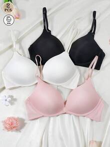 3pcs/Set Girls' Solid Color Button Decorated Triangle Cup Bras, Comfortable Wireless Push-Up Bras, Suitable For Young Ladies - Multicolor - View 1