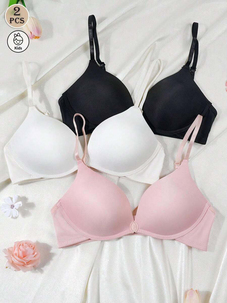 3pcs/Set Girls' Solid Color Button Decorated Triangle Cup Bras, Comfortable Wireless Push-Up Bras, Suitable For Young Ladies - Multicolor - View 1