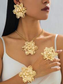 1 Set Elegant Geometric Necklace, Bracelet, Ring, Earrings Jewelry Set For Women, Vintage Romantic Floral & Firework 3D Design - Golden Yellow Flowers - View 7