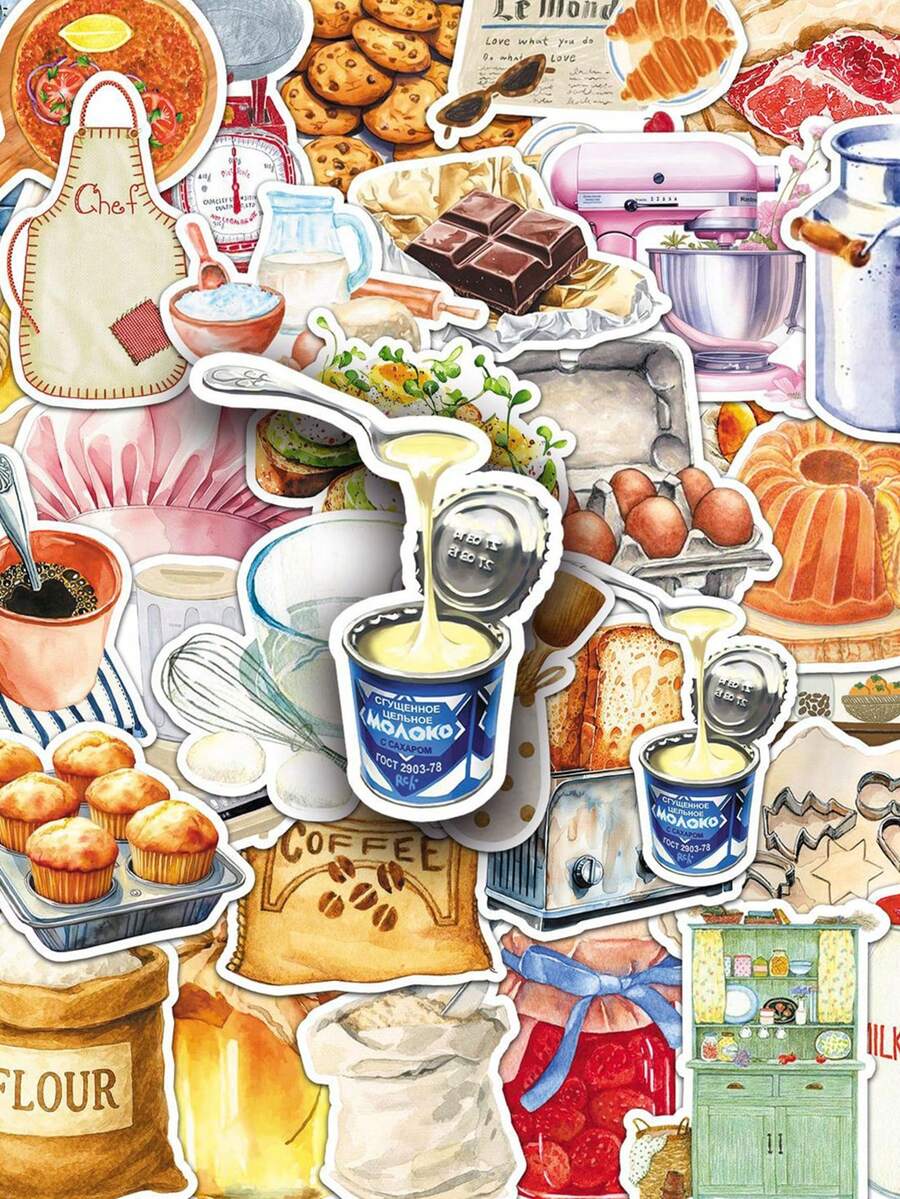 50pcs Fashionable Bread Stickers Set, Decorative Stickers For Diary, Baking, Sour Bread, Stationery, Scrapbooking, Waterproof, Suitable For Skateboard, Luggage, Laptop, Bumper And Party Supplies