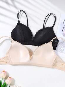 2PCS Teen Girl's Thin-Strapped Triangle Cup Wire-Free Bra, Comfortable And Breathable Lace Adjustable Straps.Suitable For Girls Aged 13-16 - Multicolor - View 2