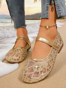 1双女童新款镂空网面金色刺绣舞蹈鞋，母女款软底网面套脚鞋，时尚舒适可爱公主复古优雅，适合3-15岁女孩、幼儿、儿童，户外、度假穿着 - 金色 - 查看 12