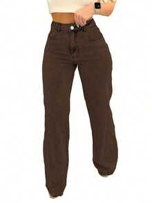 Chicsale Straight Jeans, Diagonal Pocket Loose Style Street Fashion Brand Loose Jeans, Ladies Jeans And Clothing - 咖啡色 - 查看 2