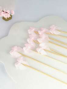 30/50/100 piezas Palillos con forma de cola de gallo de bambú, palillos con forma de lazo, pinchos elegantes para decoración de bodas, fiestas de San Valentín, decoración de fiestas de cumpleaños de niñas, adornos para cupcakes con moños rosas, sin necesidad de electricidad, insertos para decoración de pasteles - Multicolor - Ver 5