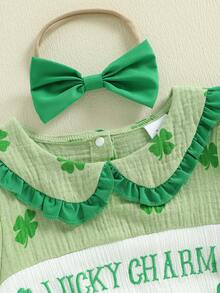 Baby Girl Irish Bubble Romper Fashionable Cute Shamrock Embroidery Long Sleeve Jumpsuit With Headband - 綠色 - 查看 3