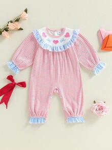 Mono para niña, manga larga, cuello redondo, rayas, bordado, lazo, corazón, ropa informal - Rojo - Ver 6