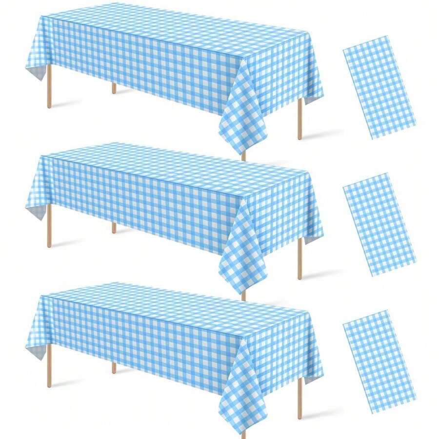 3 Pcs Light Blue Gingham Tablecloth Decorations, Disposable Plastic Blue Checkered Tablecloth Buffalo Plaid Table Cover For Outdoor Picnic, Kitchen, Holiday Birthday Party Supplies,54 X 108 Inch,LightBlue - Lightblue - 查看 1