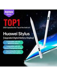 REMAX Lápiz óptico para tableta AP10: pantalla digital inteligente para monitoreo del nivel de batería en tiempo real, compatible con la serie Huawei MatePad, diseño anti-errores táctiles, escritura y dibujo precisos, adecuado para estudio, trabajo de oficina y trabajo creativo. - Blanco - Ver 1