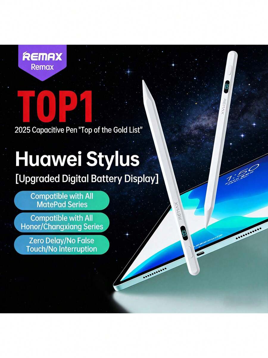 REMAX Lápiz óptico para tableta AP10: pantalla digital inteligente para monitoreo del nivel de batería en tiempo real, compatible con la serie Huawei MatePad, diseño anti-errores táctiles, escritura y dibujo precisos, adecuado para estudio, trabajo de oficina y trabajo creativo. - Blanco - Ver 1