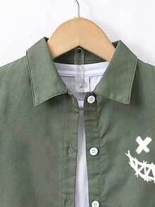 Cartoon Print Shirt And Shorts Casual Outfit For Young Boy - Dark Green - View 3