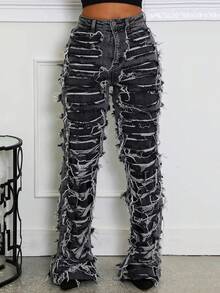 GLOURI Women's Y2K Fringed Ripped Jeans - High Waisted Light Wash Blue Wide Leg With Raw Hem & Distressed Tassel Details | Streetwear Denim For Casual, Daily & Party Outfits - 黑色 - 查看 2