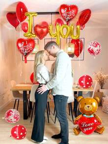 21pcs Valentine's Day Balloon Set, Includes Teddy Bear Hugging Heart, "I Love You", 18-Inch Heart Foil Balloon, And Red Latex Balloons, Suitable For Valentine's Day, Birthday, Party Decoration, Romantic Decoration, Confession, Proposal, Wedding, Anniversary, Bride Gift Decoration Balloons - Multicolor - View 3