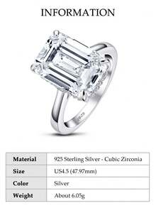XUJIA 1pc Women's 5A Cubic Zirconia 10x14mm Emerald-Cut Main Stone Ring, 925 Sterling Silver Wedding Band, Engagement Ring, Wedding Jewelry Gift