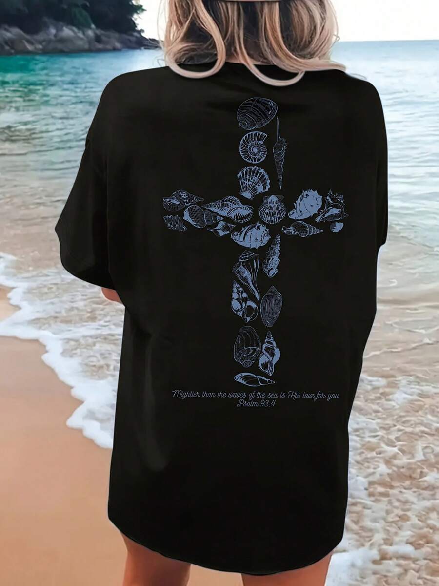 CHICLY19 Seashell Cross Ocean Nature Graphic Cotton Tee, Women's Beach Coastal Print T-Shirt, Casual Crew Neck Short Sleeve Oversized Cream Top, Nautical Aesthetic Cotton Tee For Summer - Black - View 1